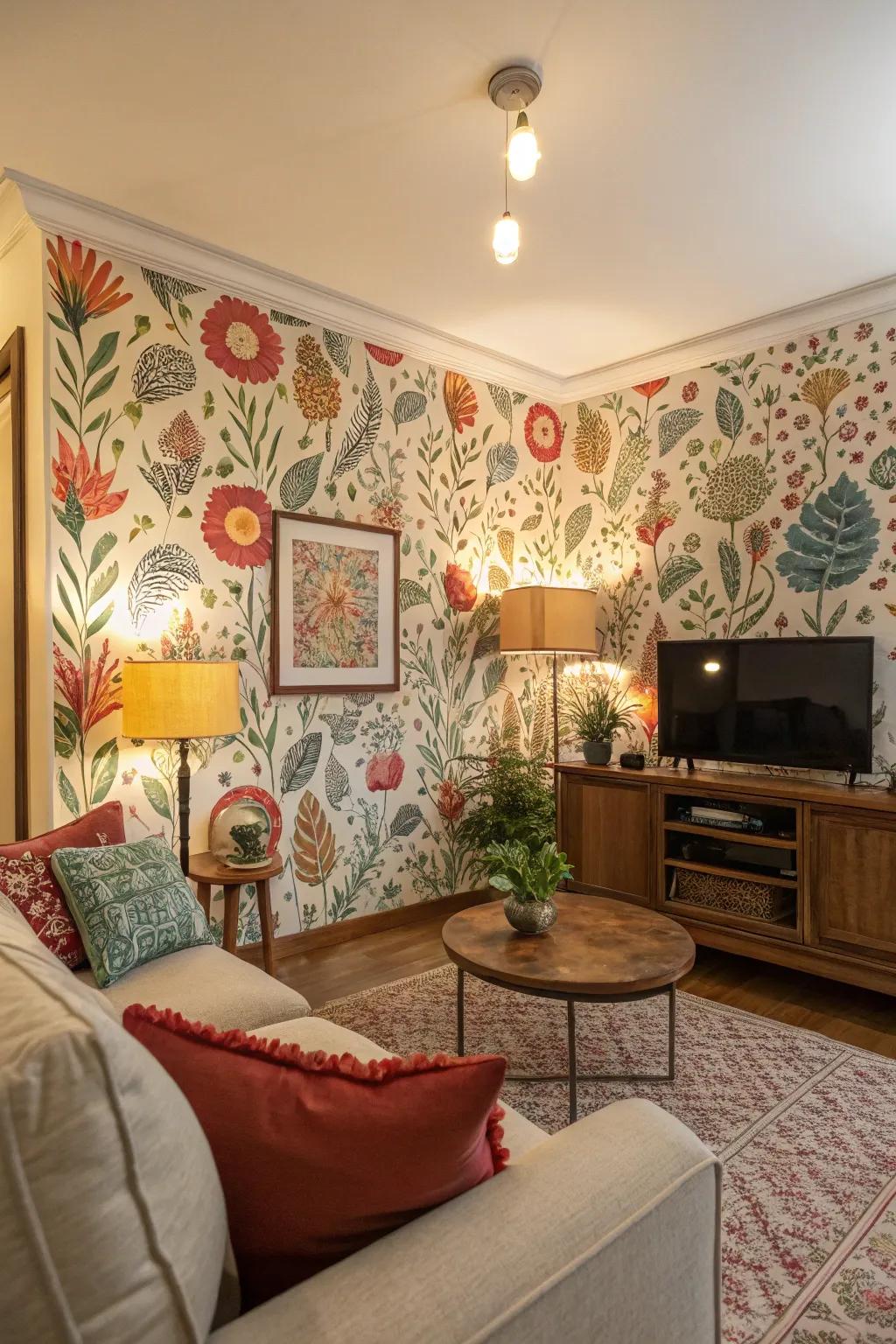 Vibrant temporary wallpaper adds character to this rental-friendly living room.