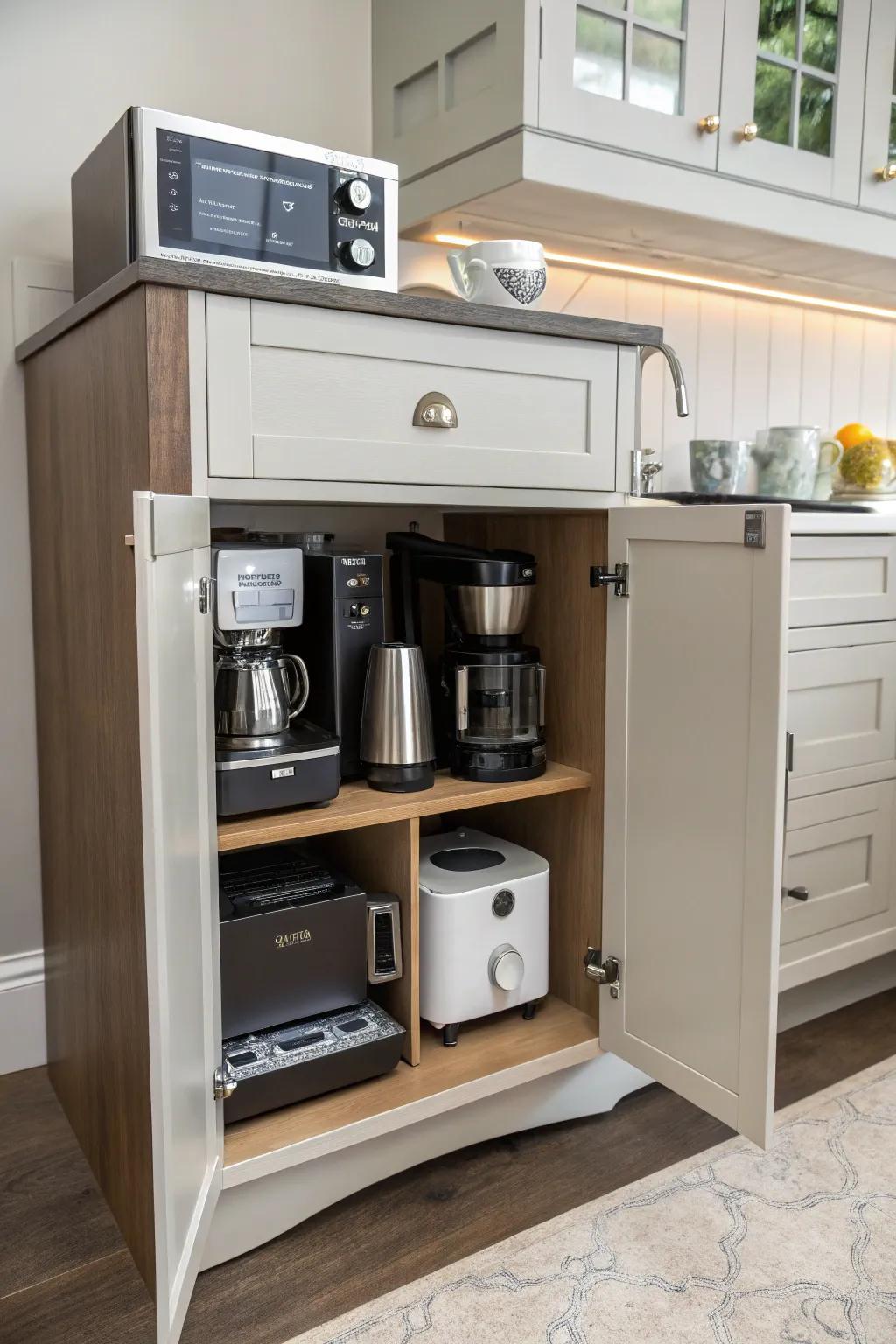 A hidden workstation appliance garage offers a smart multitasking solution.