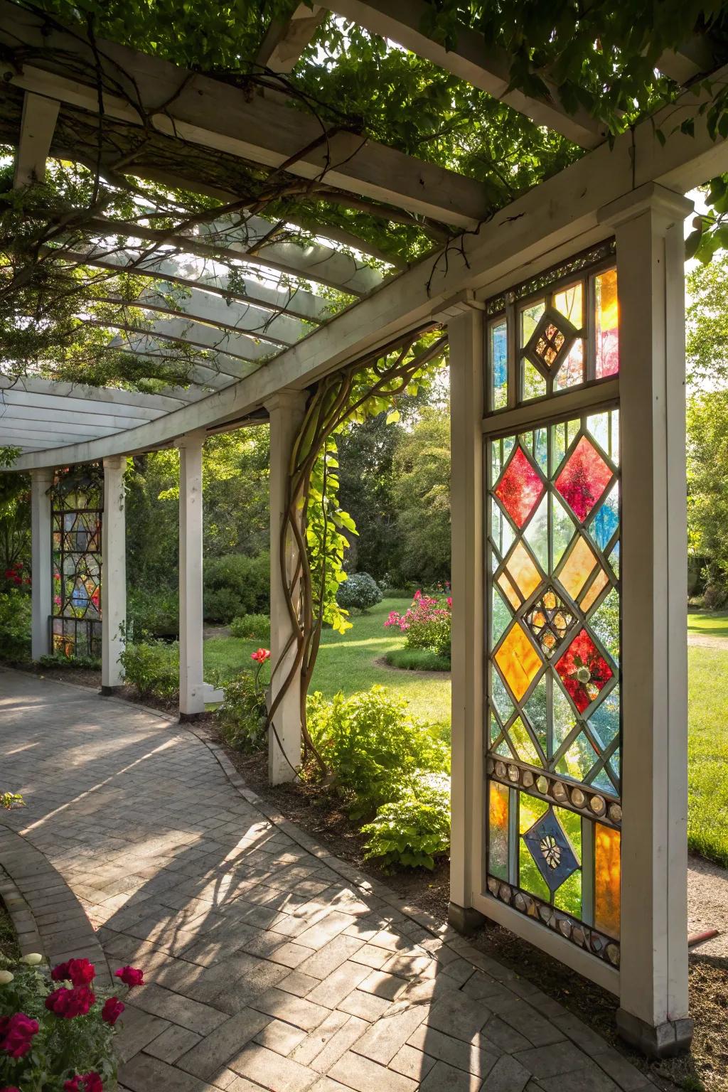 Stained glass panels contribute a vibrant and artistic touch to a pergola.