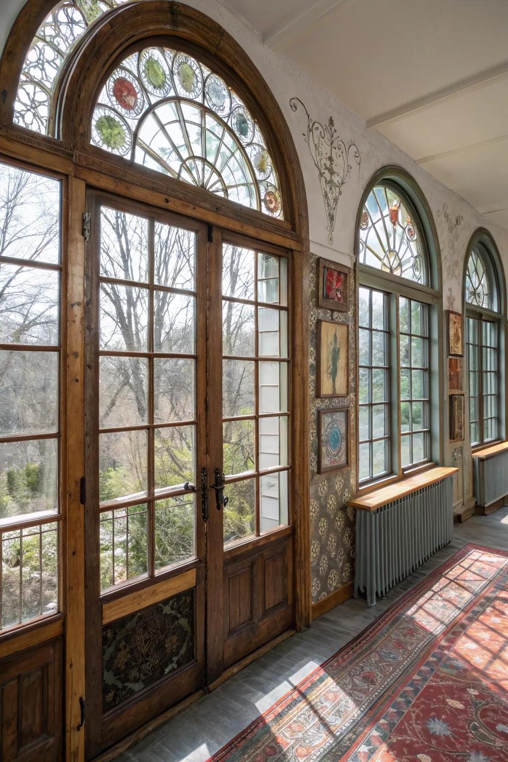 Eclectic room featuring blended material styling on arched windows.