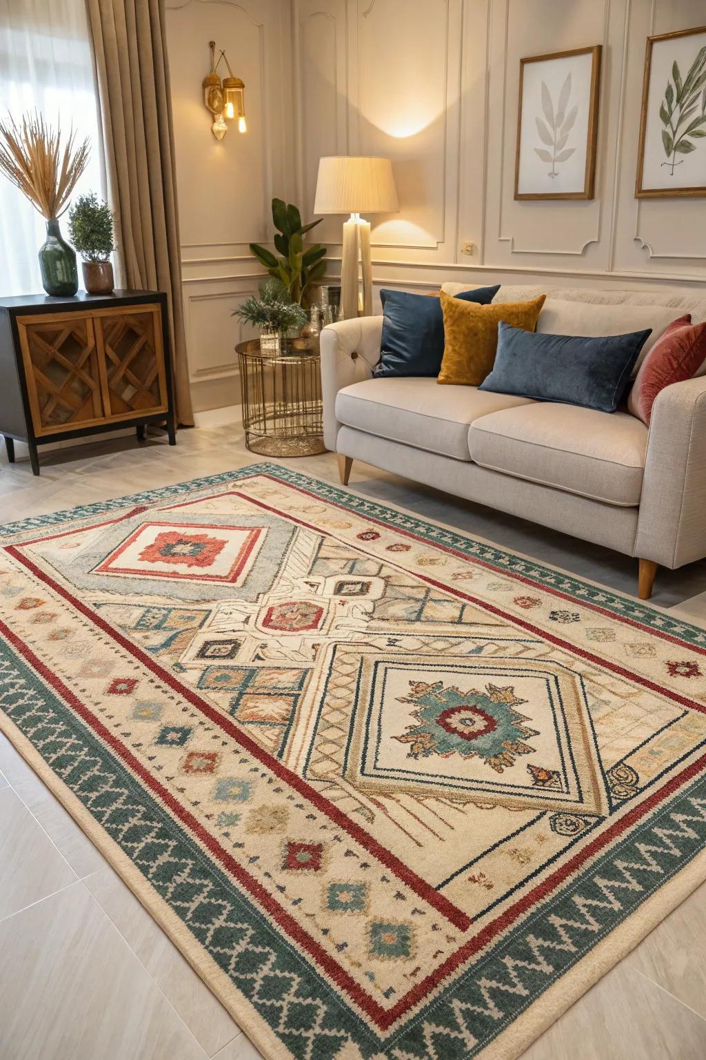 Detailed rugs anchoring the space with elegance.