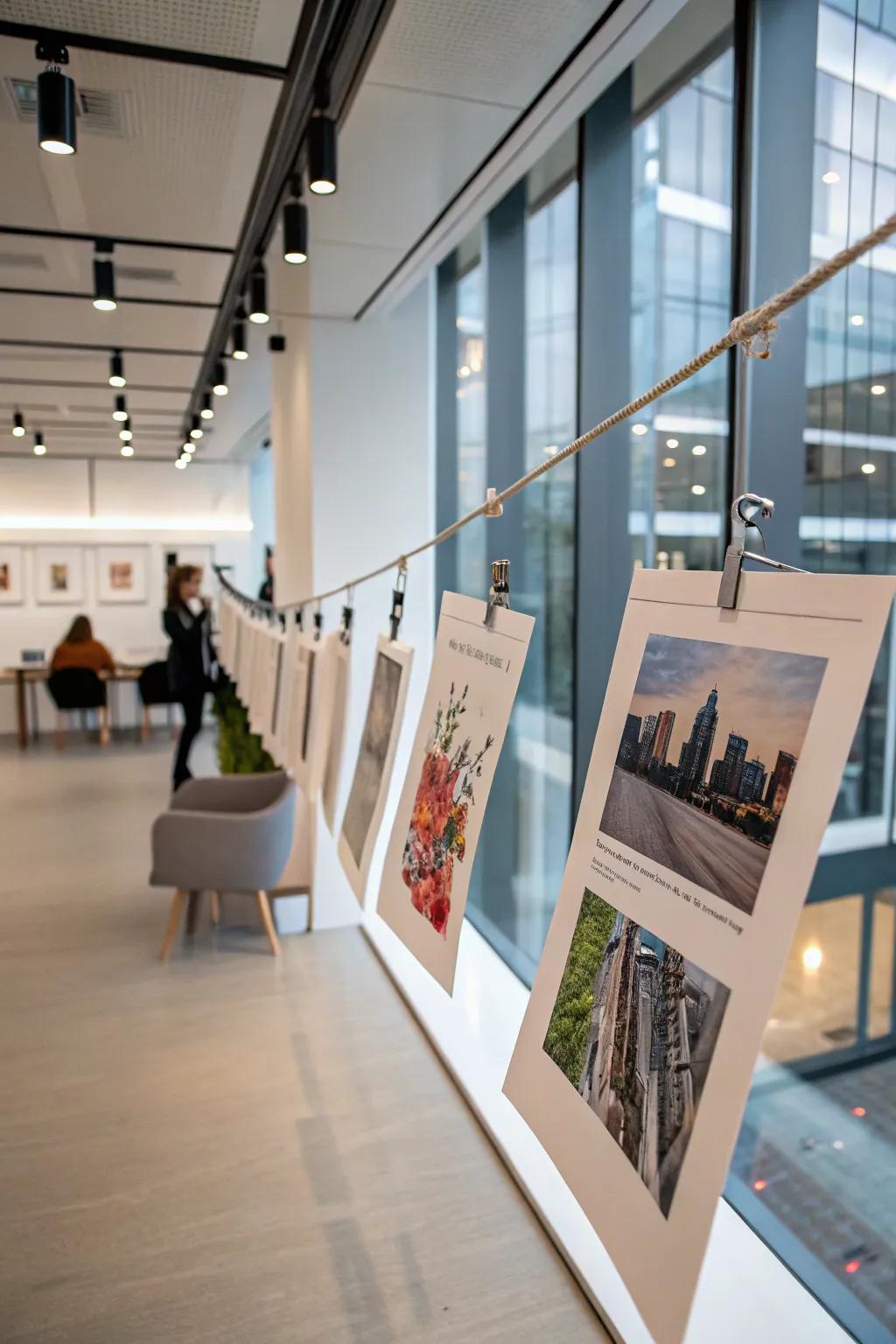 Art prints affixed to a minimalist hanging apparatus.