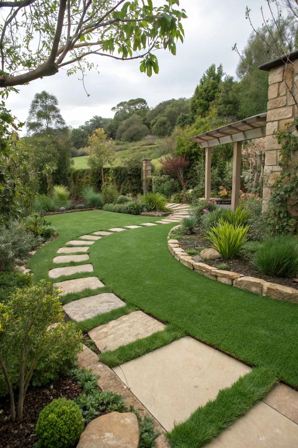 A scenic garden path using rich synthetic turf.