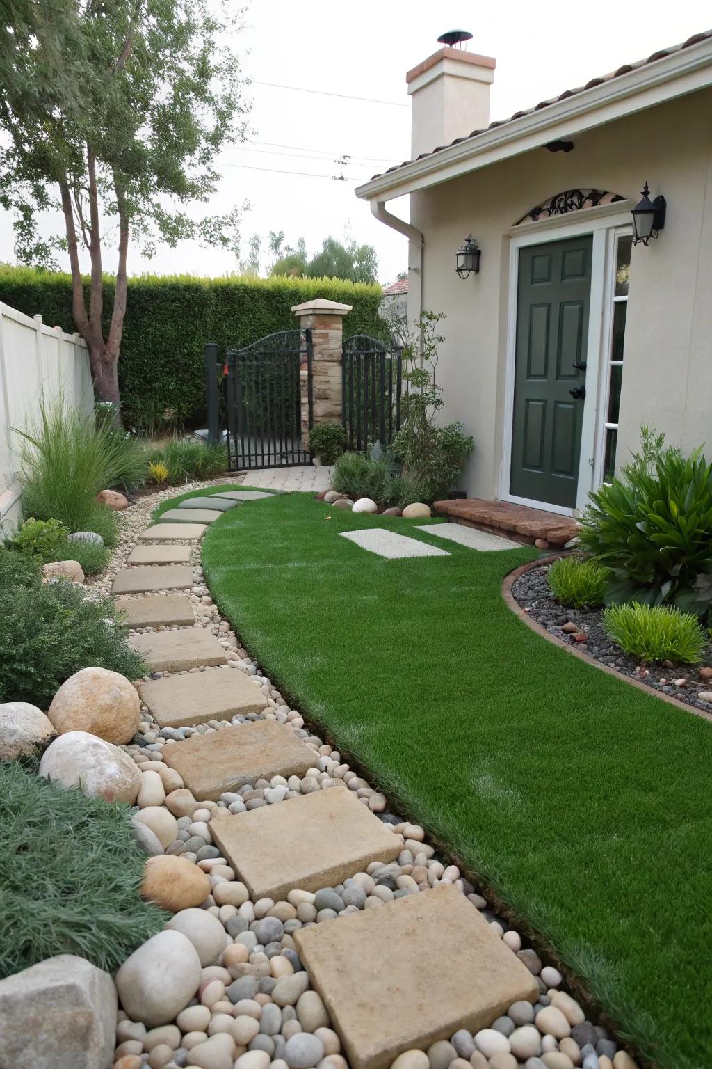 A pristine entrance garden showcasing the elegance of synthetic grass.