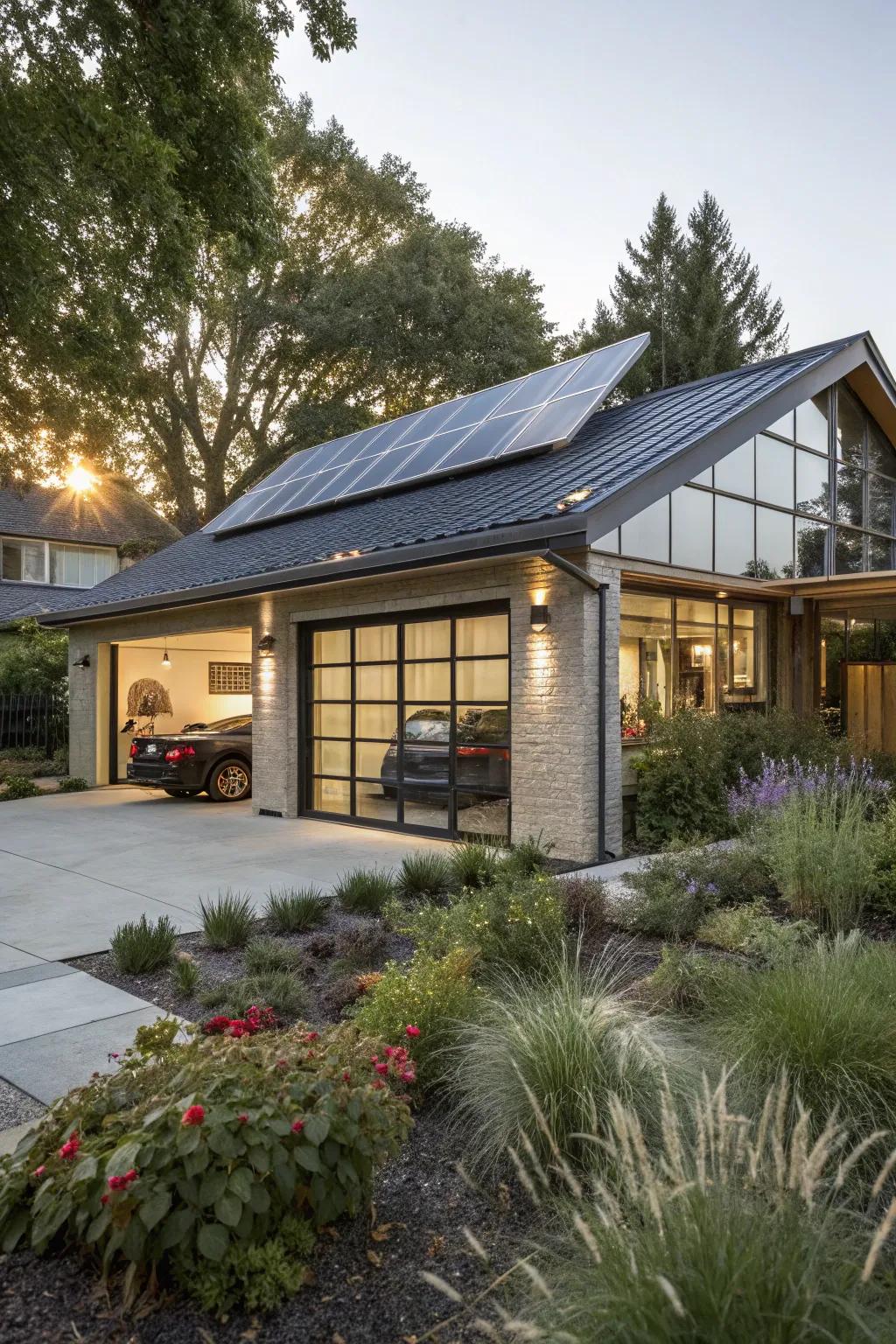An eco-conscious garage utilizing sustainable resources and solar energy.