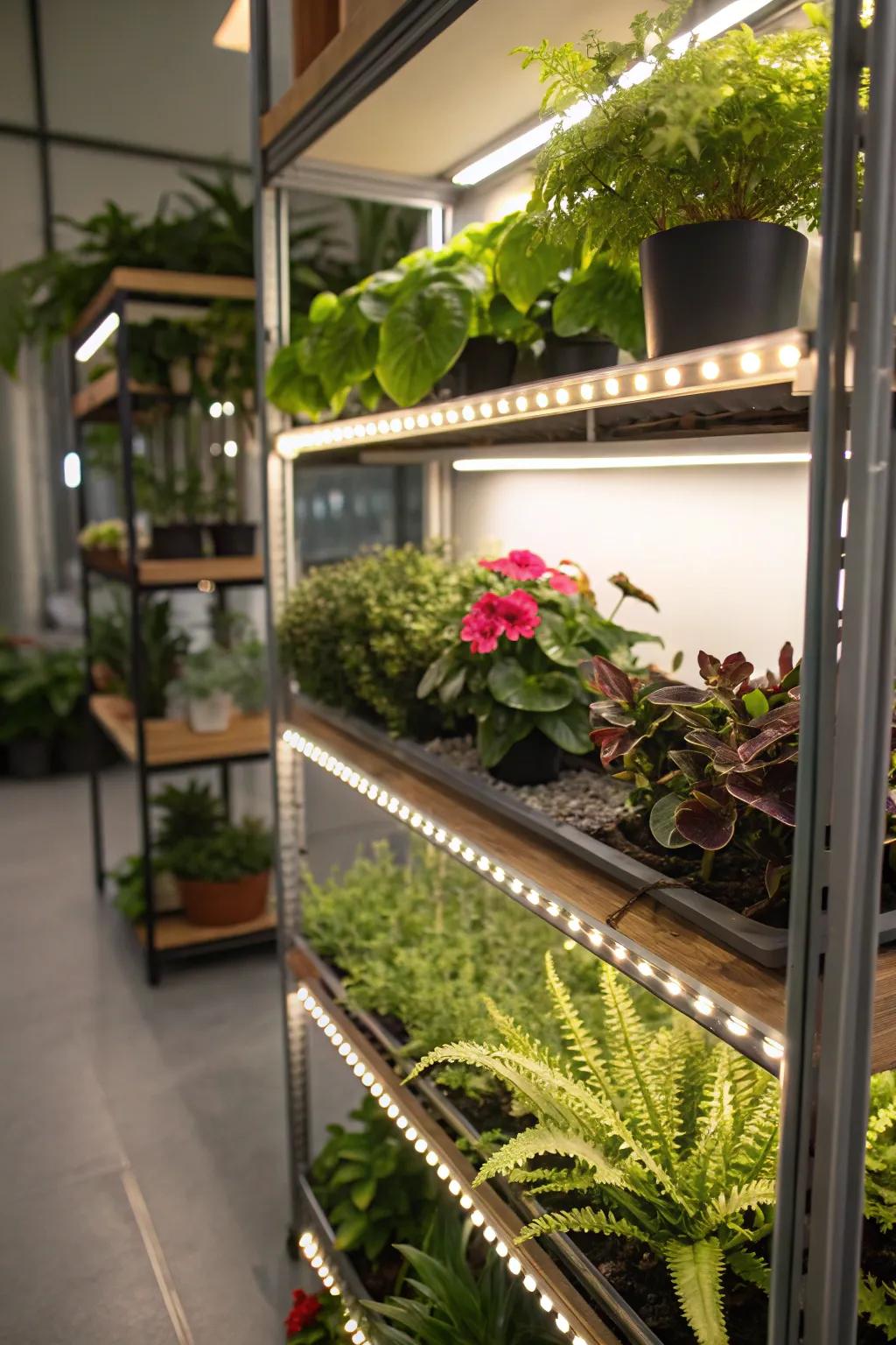 LED band lighting highlighting plant shelves with a soft glow.