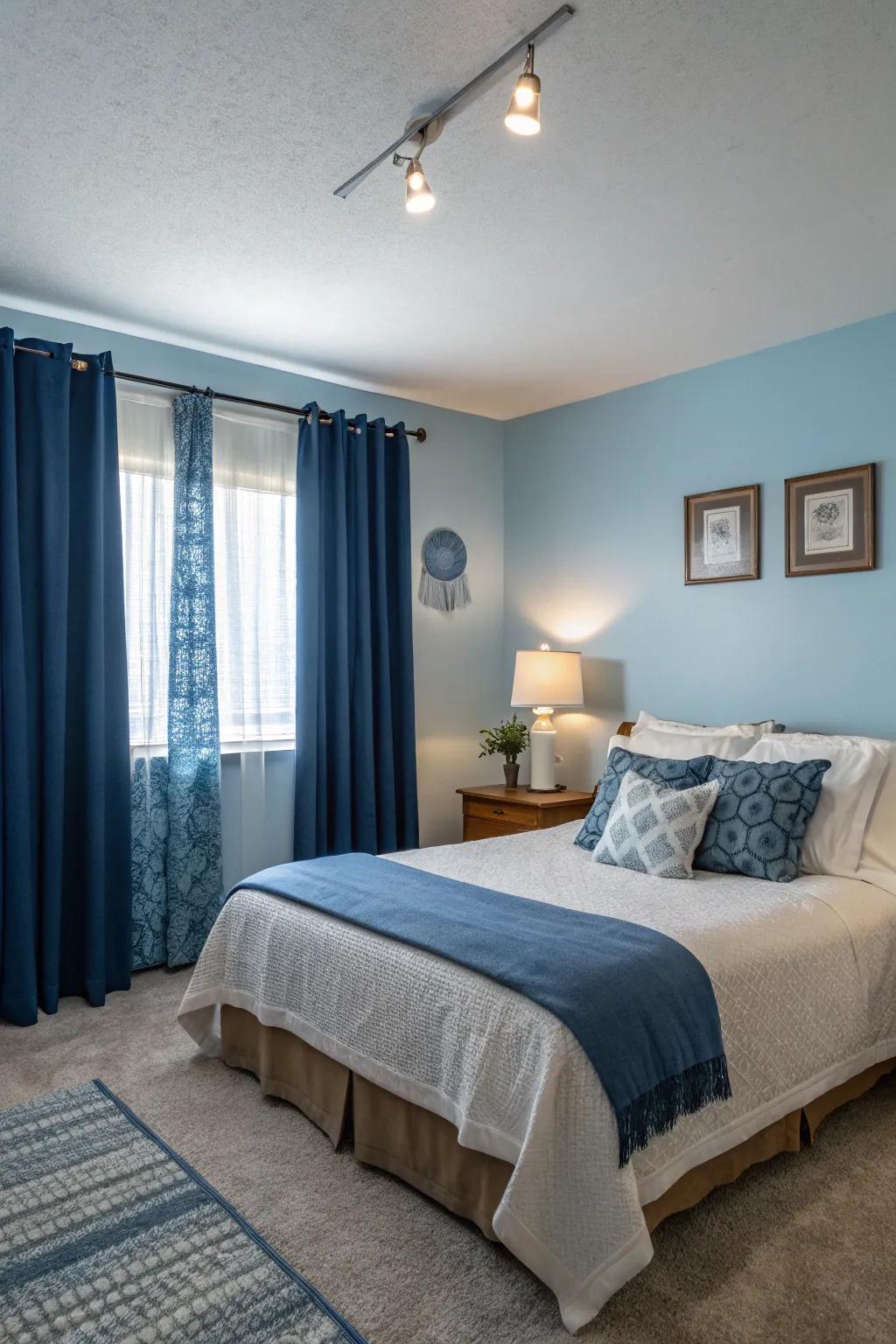 Contrasting azure tones add depth and drama to a serene bedroom.
