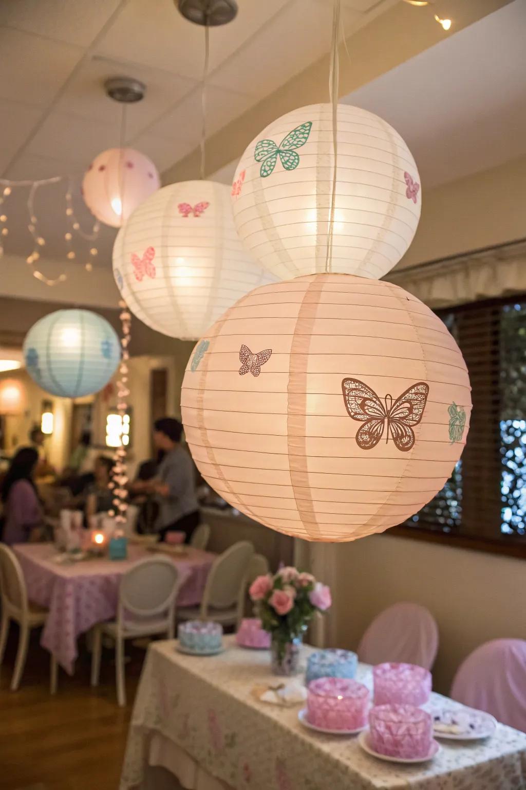 Butterfly lanterns establishing a magical and whimsical ambiance.