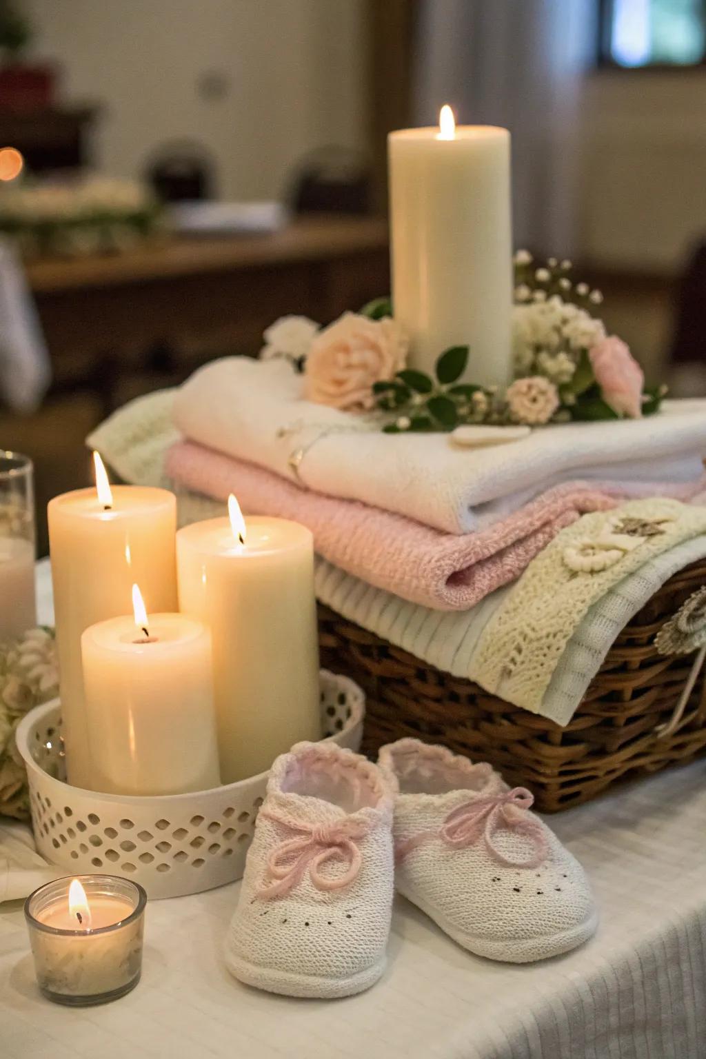 Candles and baby items fabricate a snug, affectionate ambience.