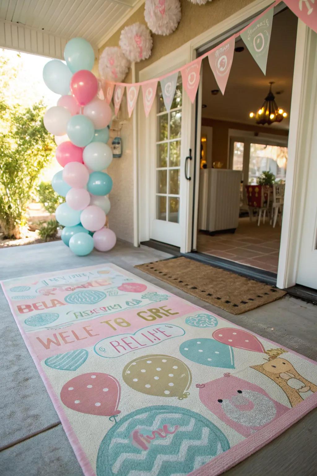 A patterned floor covering adds texture and tone to the baby shower entrance.