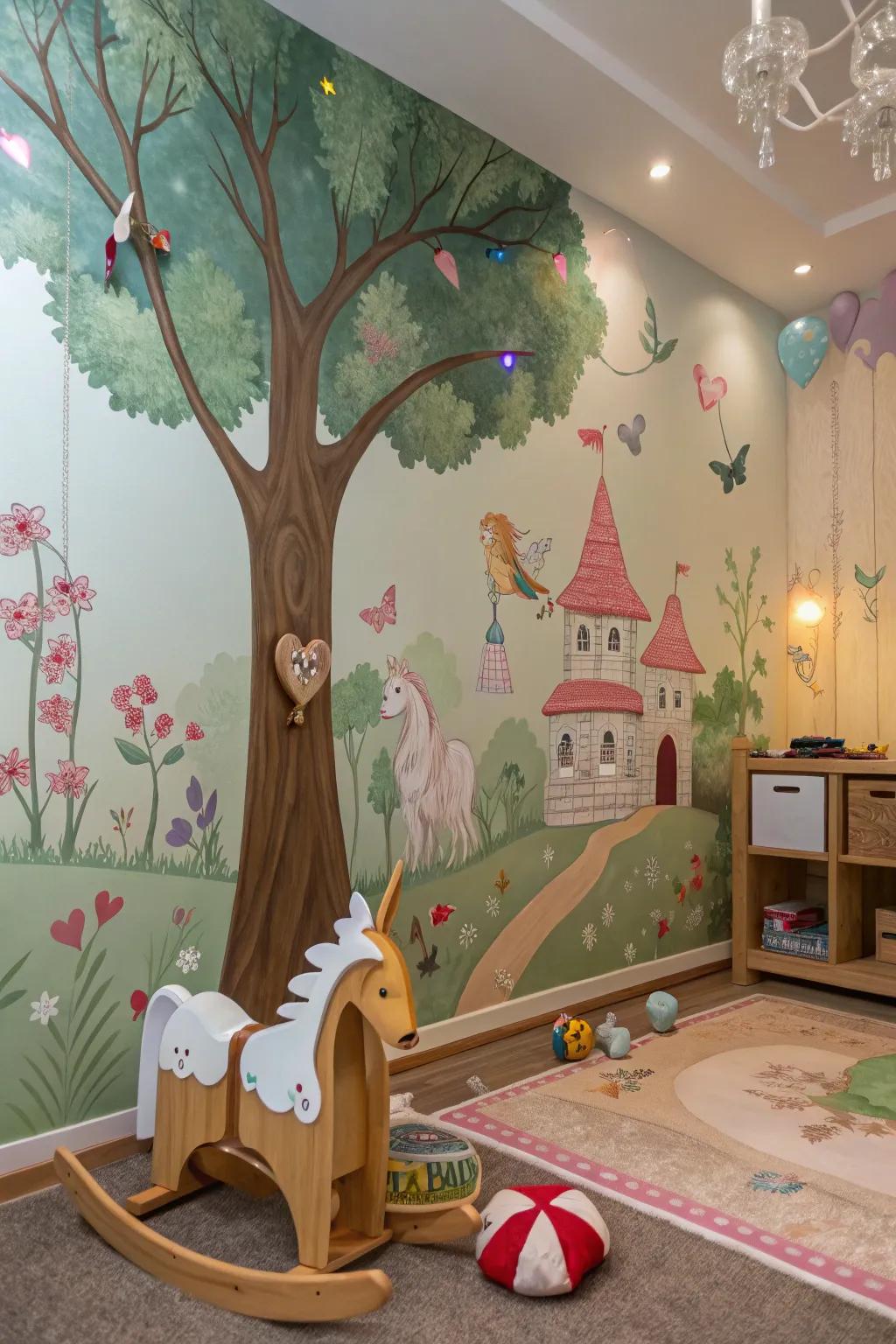 A playroom with a fun forest mural with fairy tale aspects.