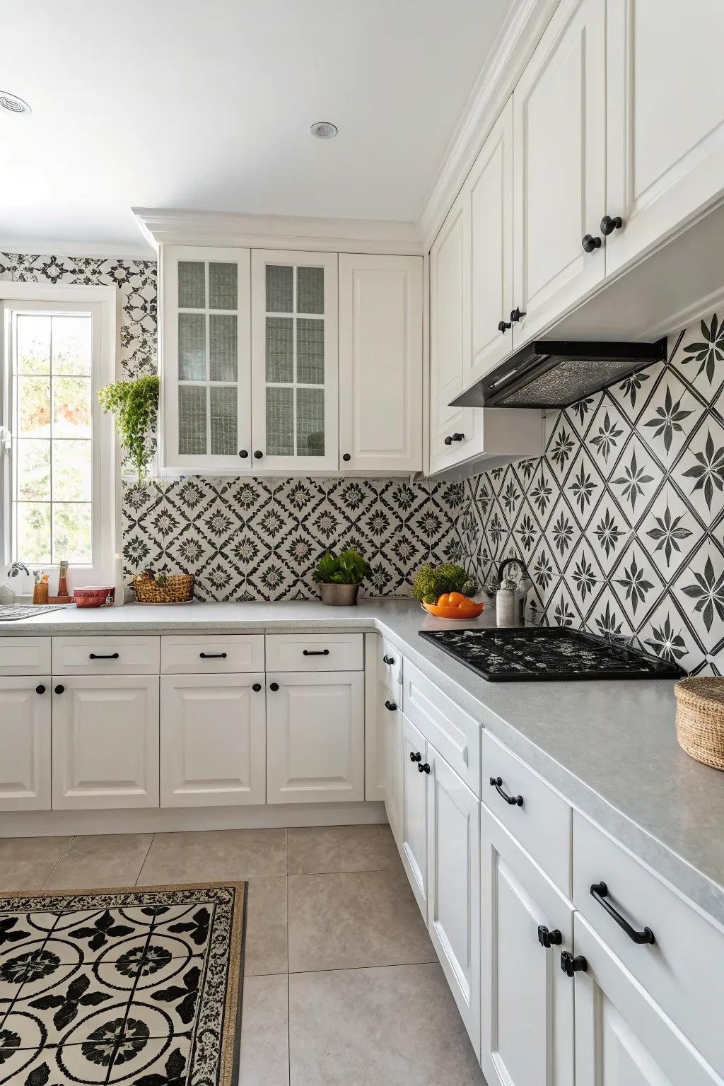 An onyx and ivory backsplash introduces timeless elegance to this kitchen.