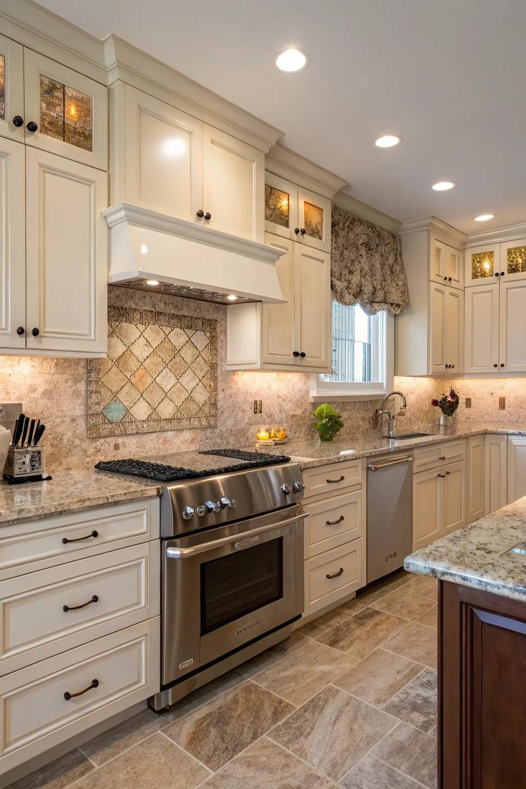 Pastel tiles add a delicate touch to highlight fantasy brown granite.