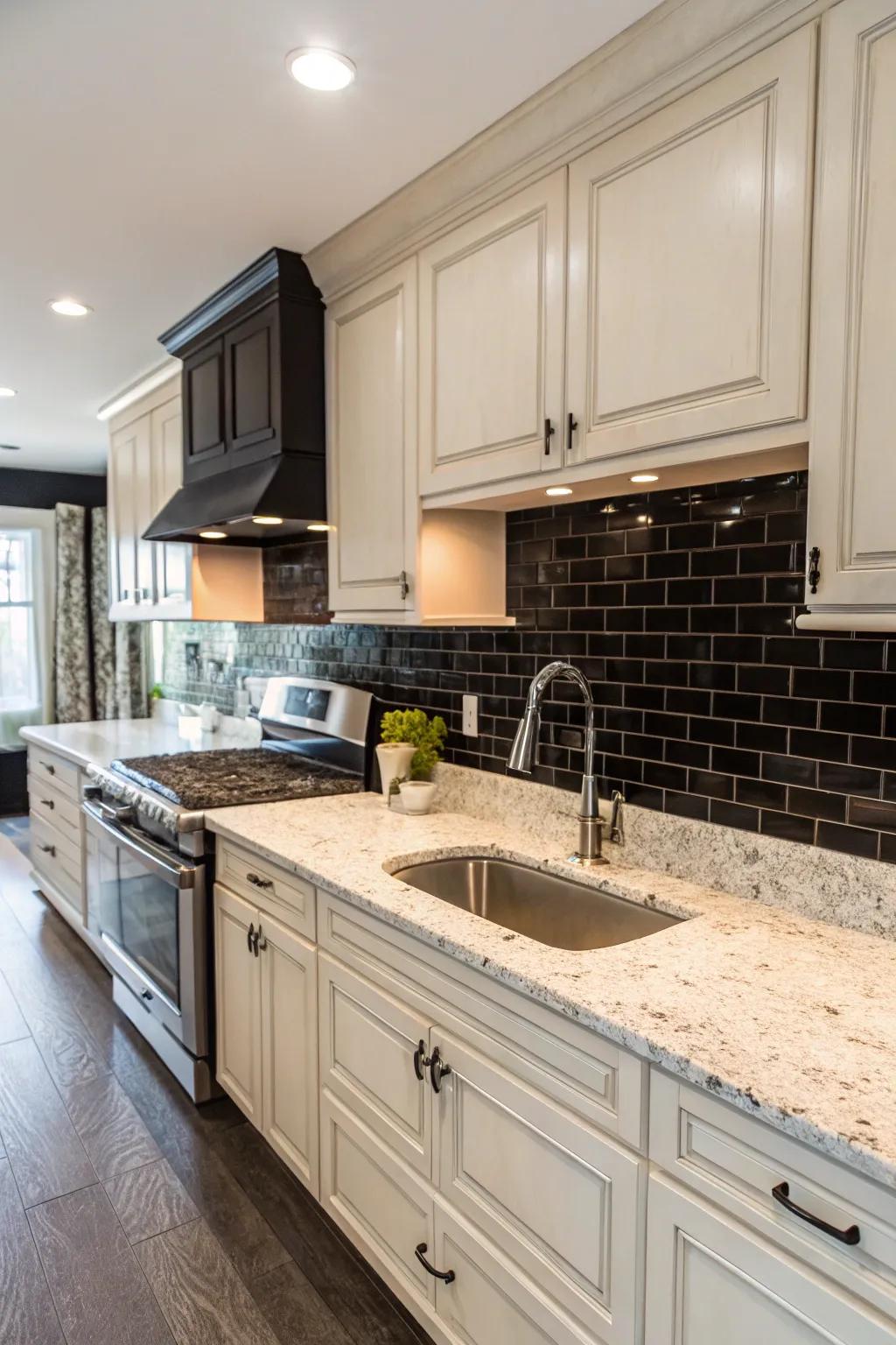 Dark backsplash establishes impressive contrast with bright granite.