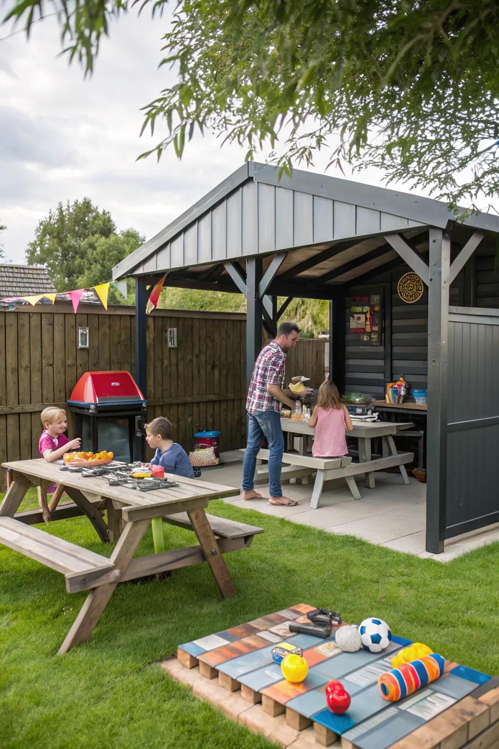 A hub for family fun: BBQ structure with games.