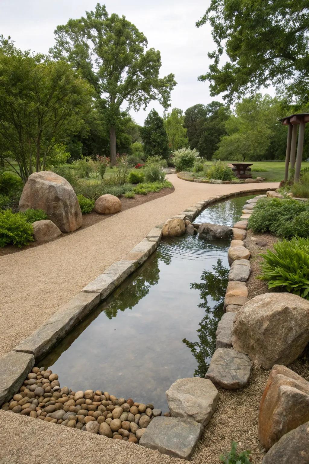 A serene water feature paired with crushed rock.