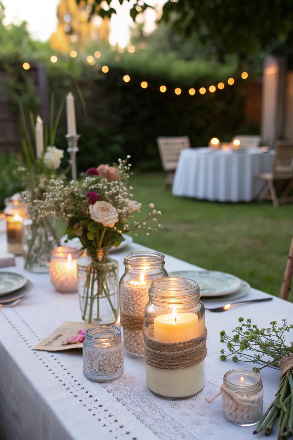Handcrafted illumination vessels add a personal touch and warm glow to the party.