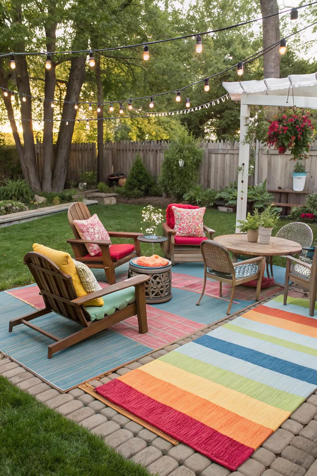 Outdoor carpets define space and add color.