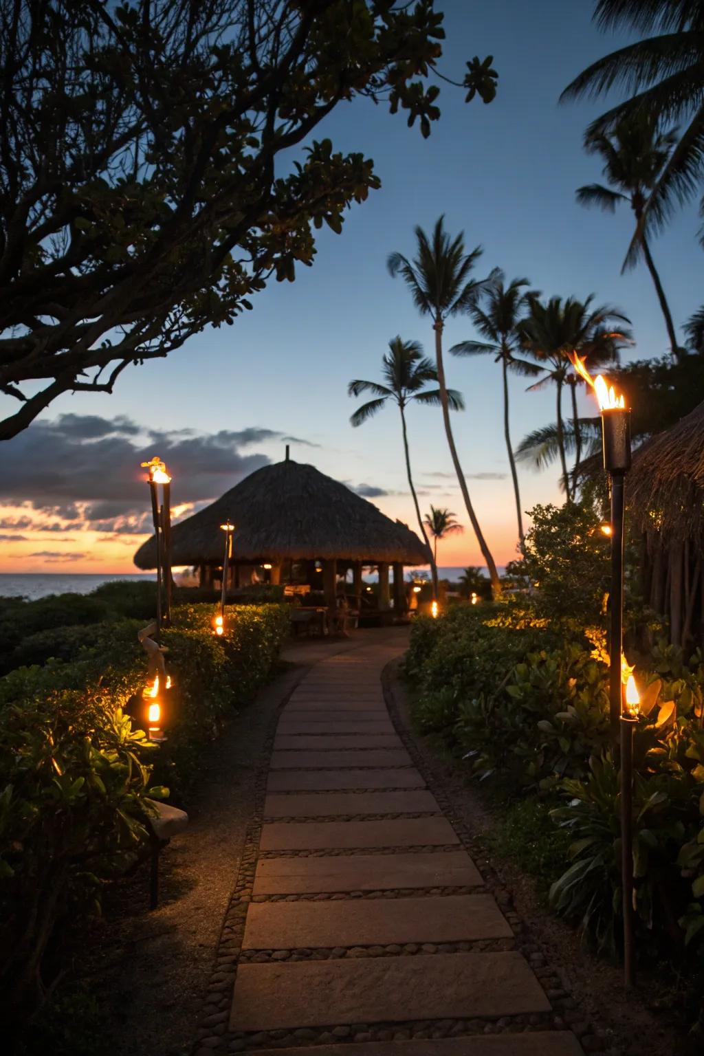 Tiki torches light the way to your tropical hideaway.