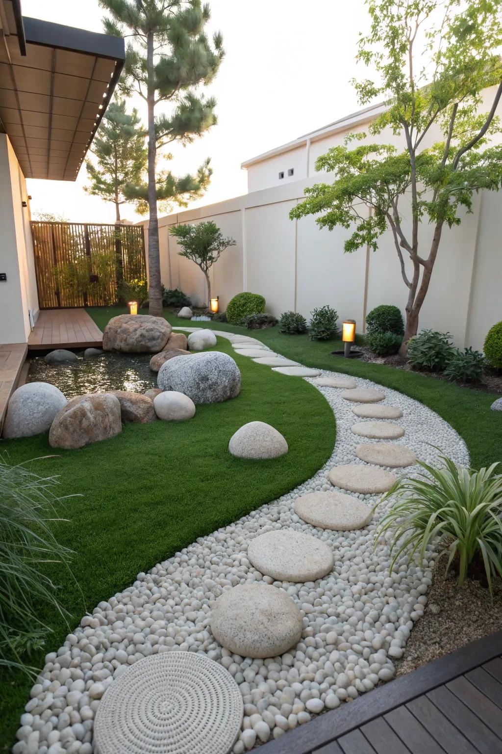 A tranquil Zen garden with lush turf.