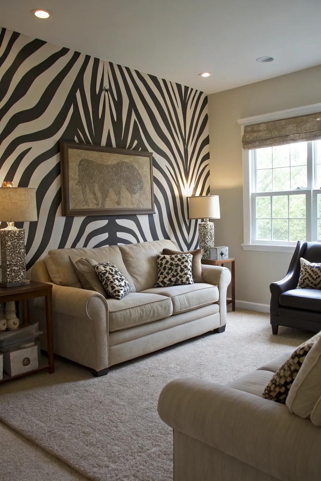 A living room dominated by a bold zebra-striped accent wall.