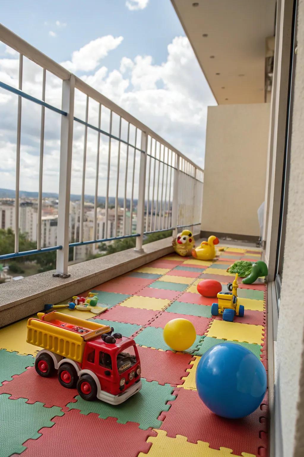 Rubber pavers provide a safe, impact-absorbing surface ideal for family-friendly balconies.