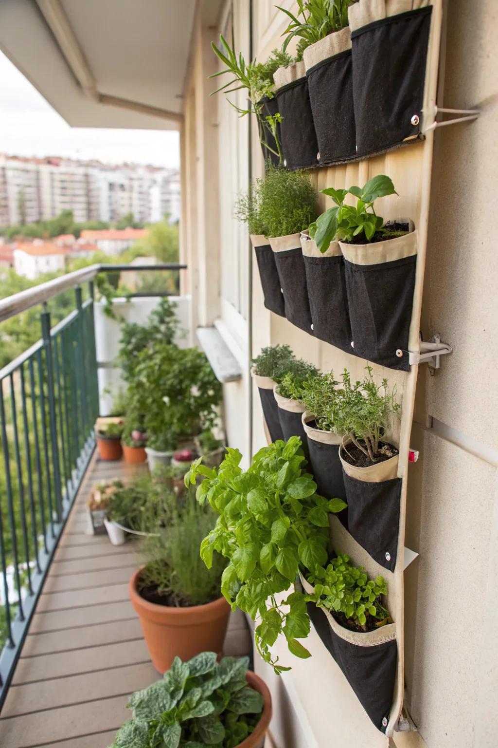 An upcycled shoe organizer provides a creative and functional solution for your herb garden.