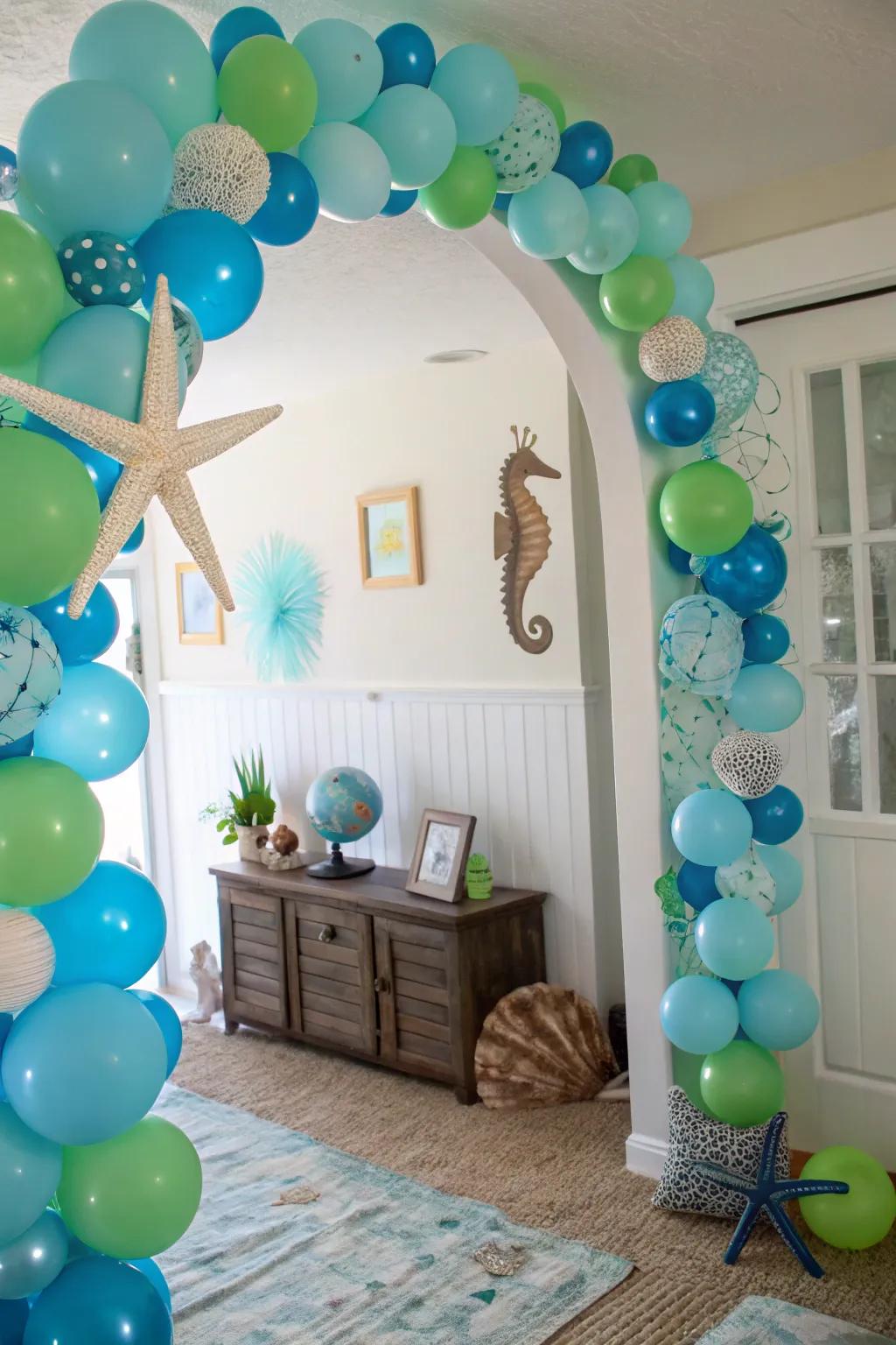 Blue and green balloons make an underwater fantasy.