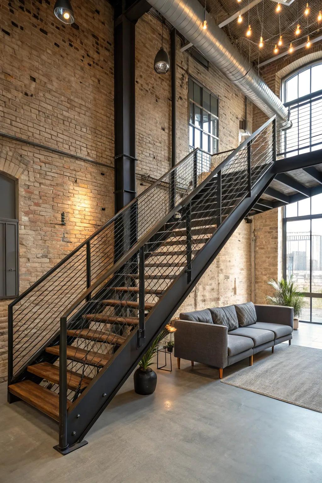 Industrial steel banisters are edgy and contemporary.