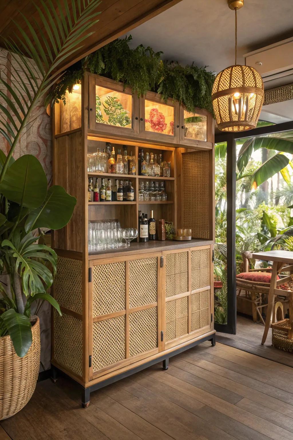 A relaxed ambiance achieved with tropical-themed elements.