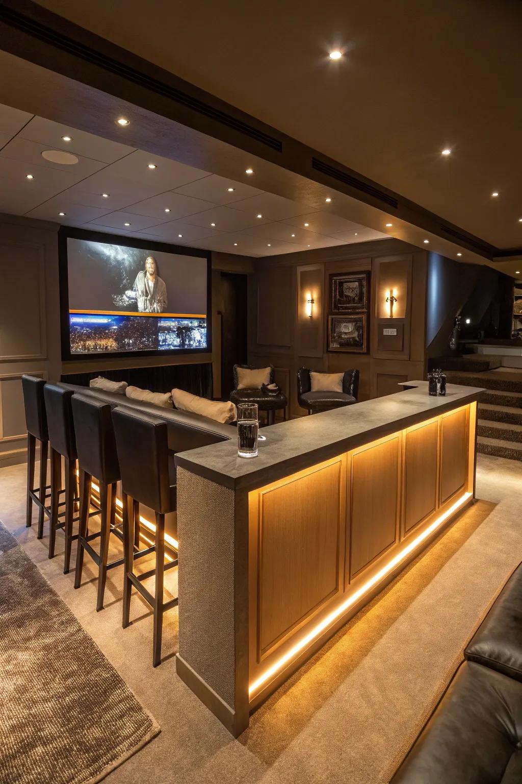 Enhanced bar ambiance through integrated lighting.