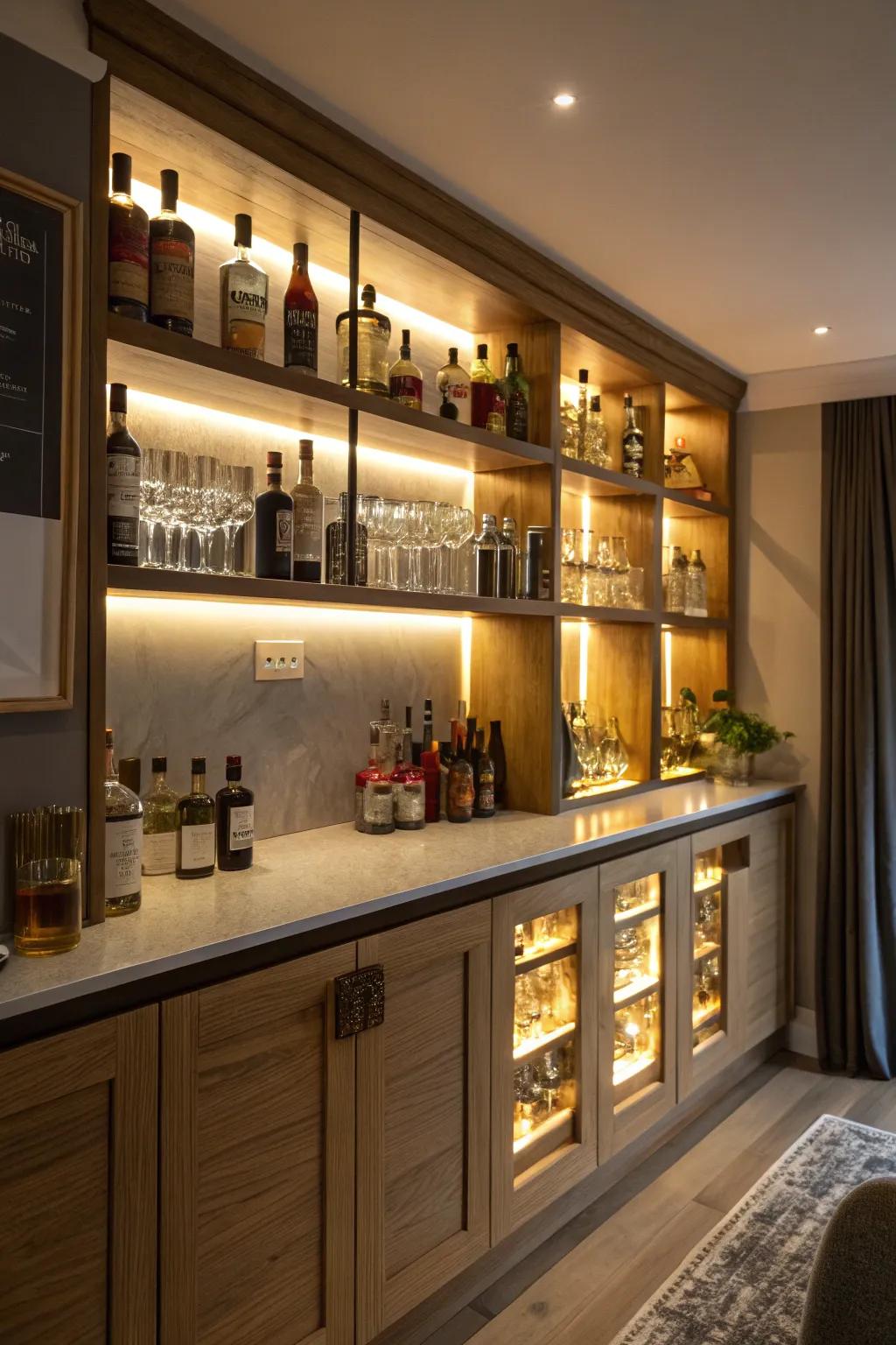 Hidden lighting subtly highlights shelves.