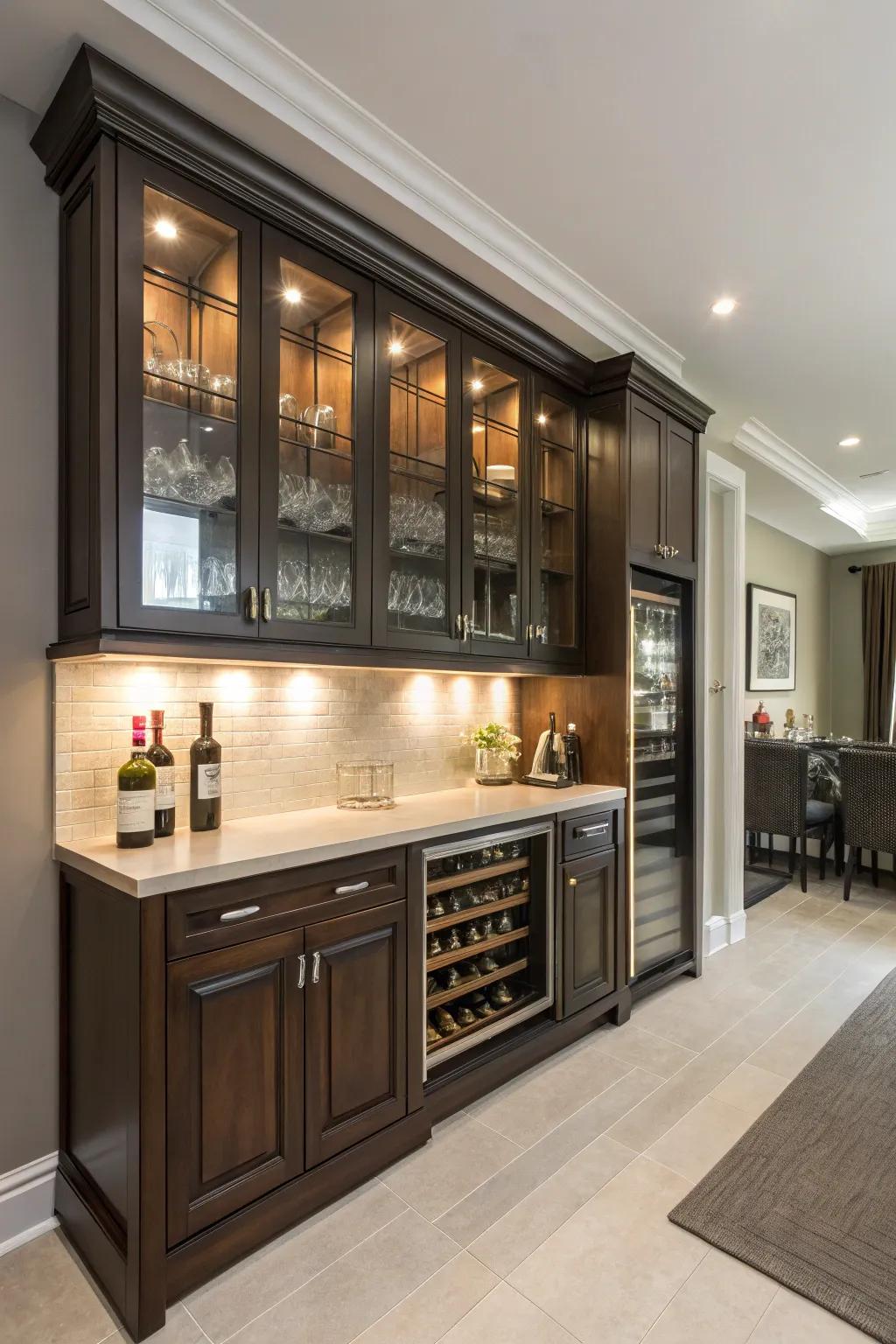 Bespoke cabinetry establishes a customized and unified bar space.