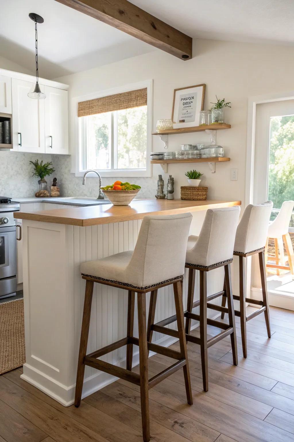 Maximizing space using low-back designed bar stools.