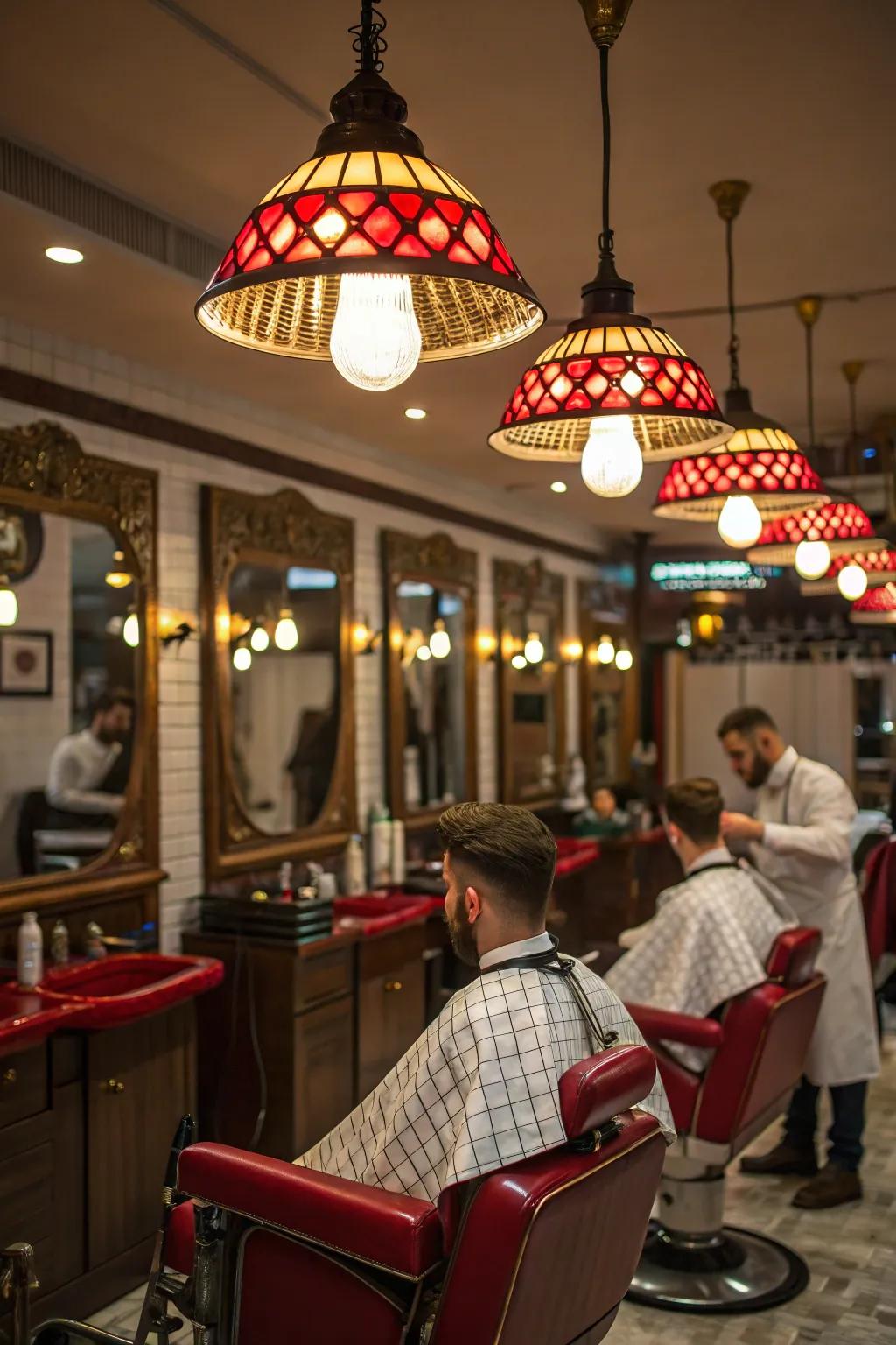 Suspension lights with a unique twist add intrigue to a barbershop.