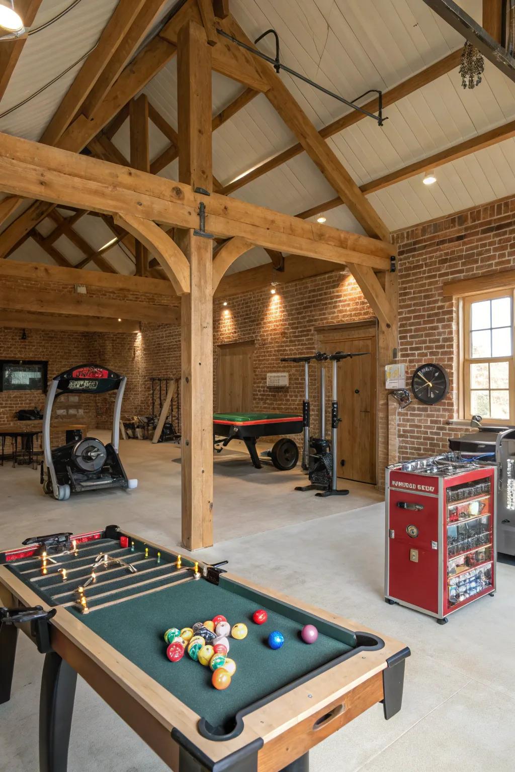A recreational area introduces enjoyment and fitness opportunities to this barn garage.