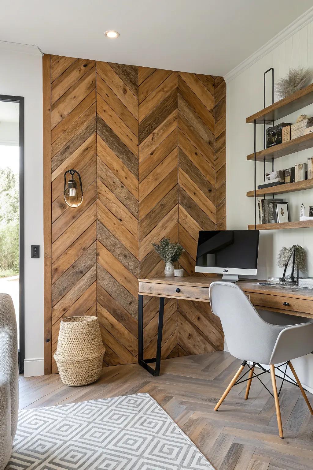 Wood plank herringbone pattern contributing sophistication to a wall.