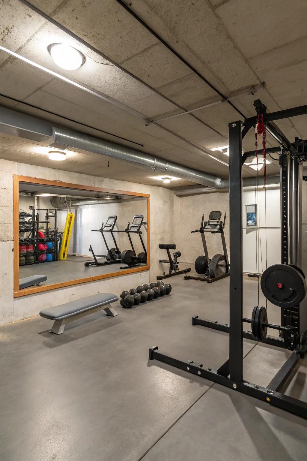 Concrete floors in a home gym offer a durable surface for heavy equipment and high-impact exercises.