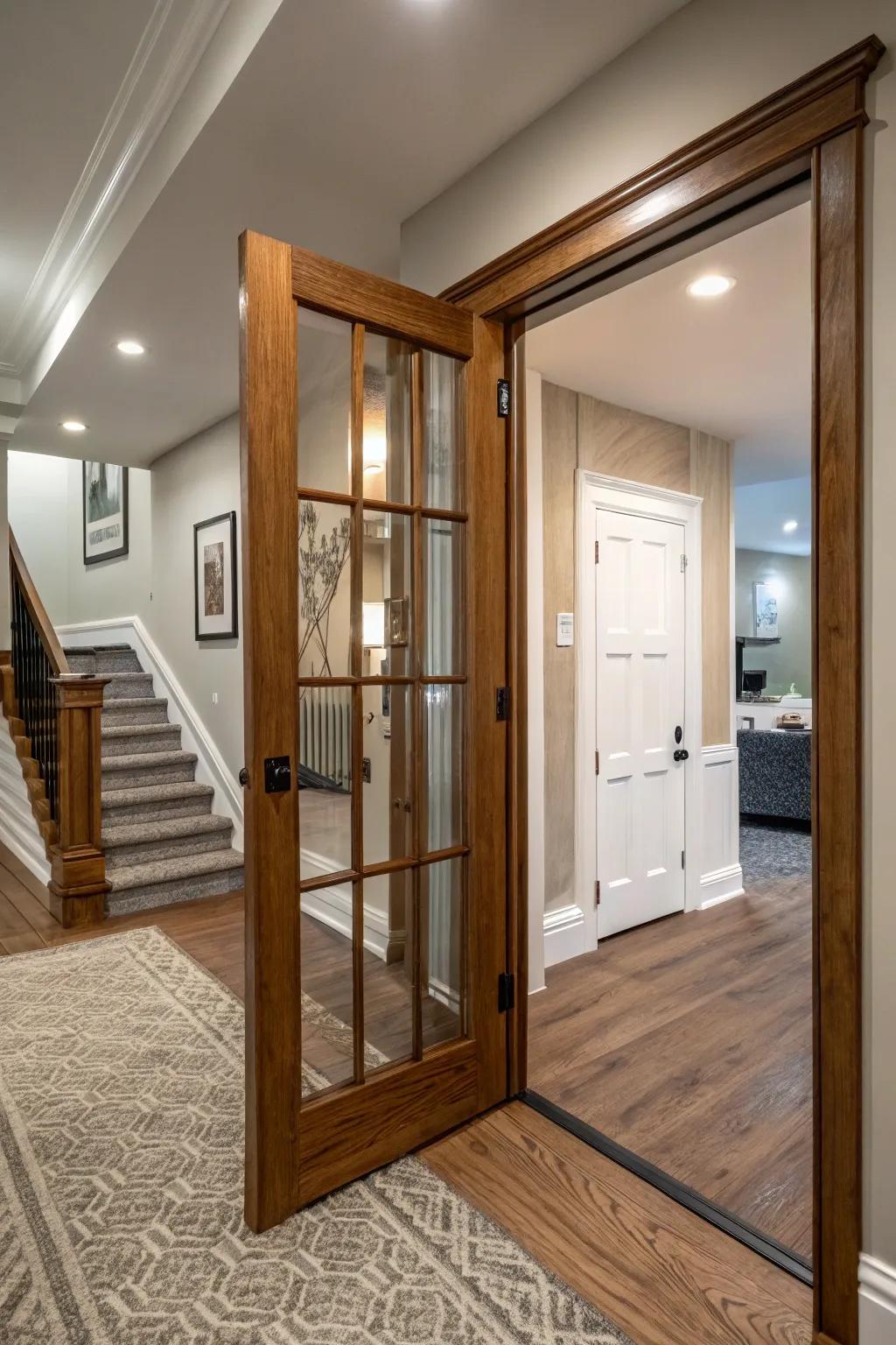 A blend of traditional wood and modern glass creates a harmonious door design.