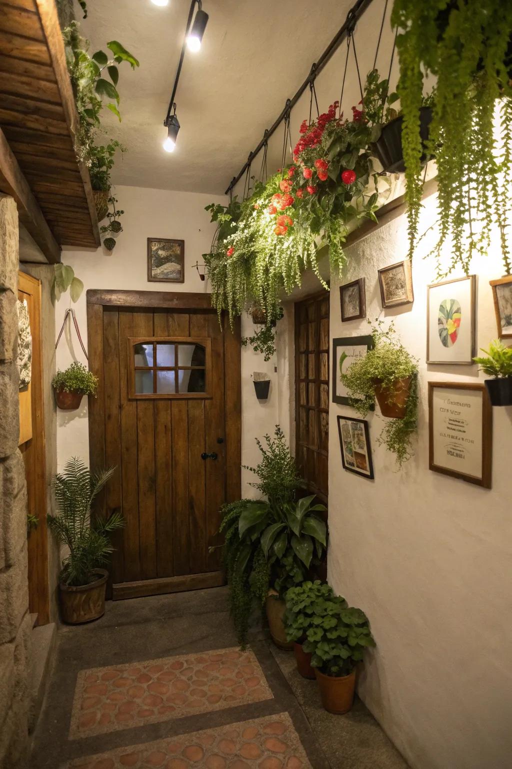 Hanging plants add greenery without crowding the space.