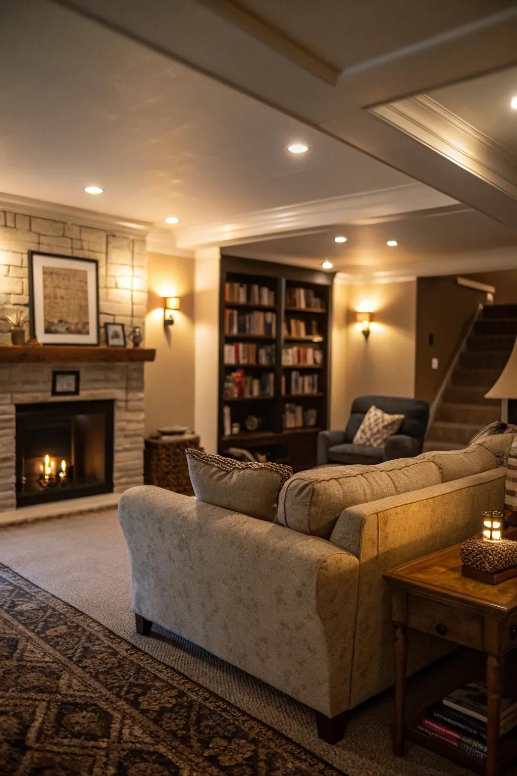 Multi-level lighting transforms this basement into a warm and inviting retreat.
