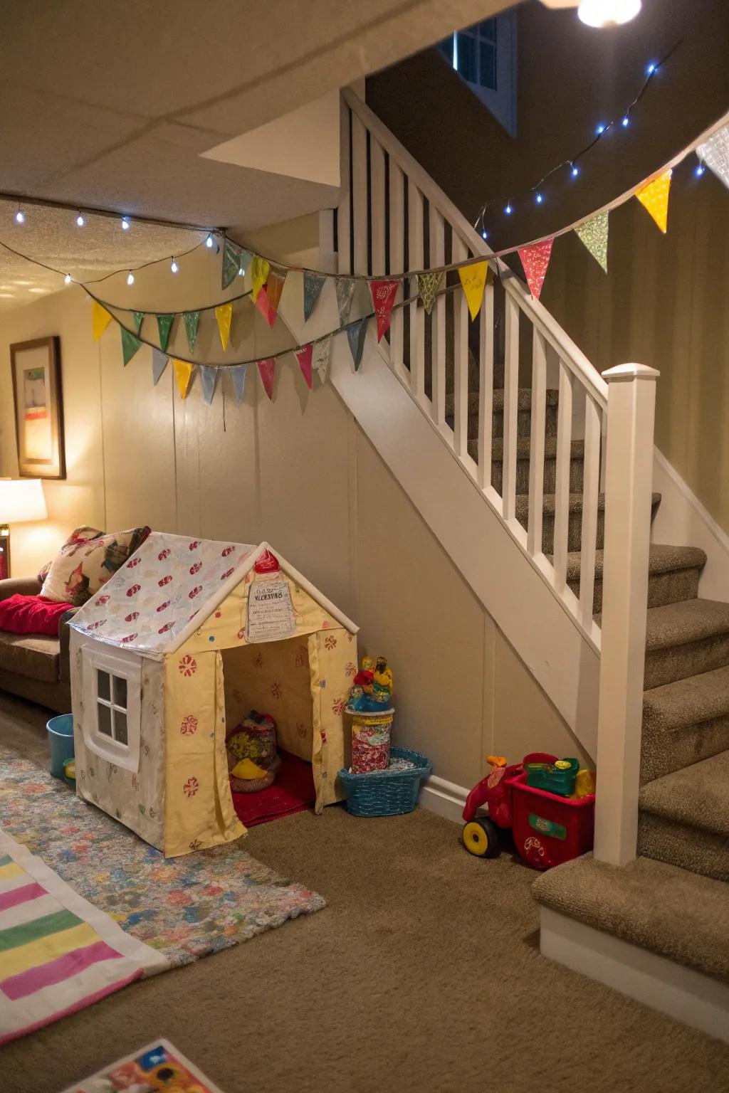 An under-stairs playhouse is a whimsical retreat for kids.