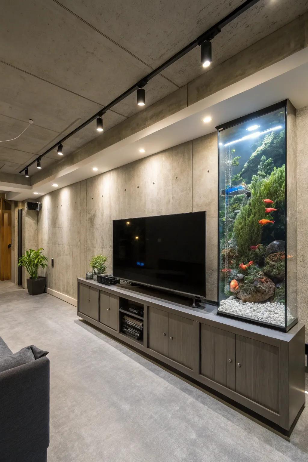 A basement TV wall complemented by an adjacent aquarium for a singular and calming consequence.