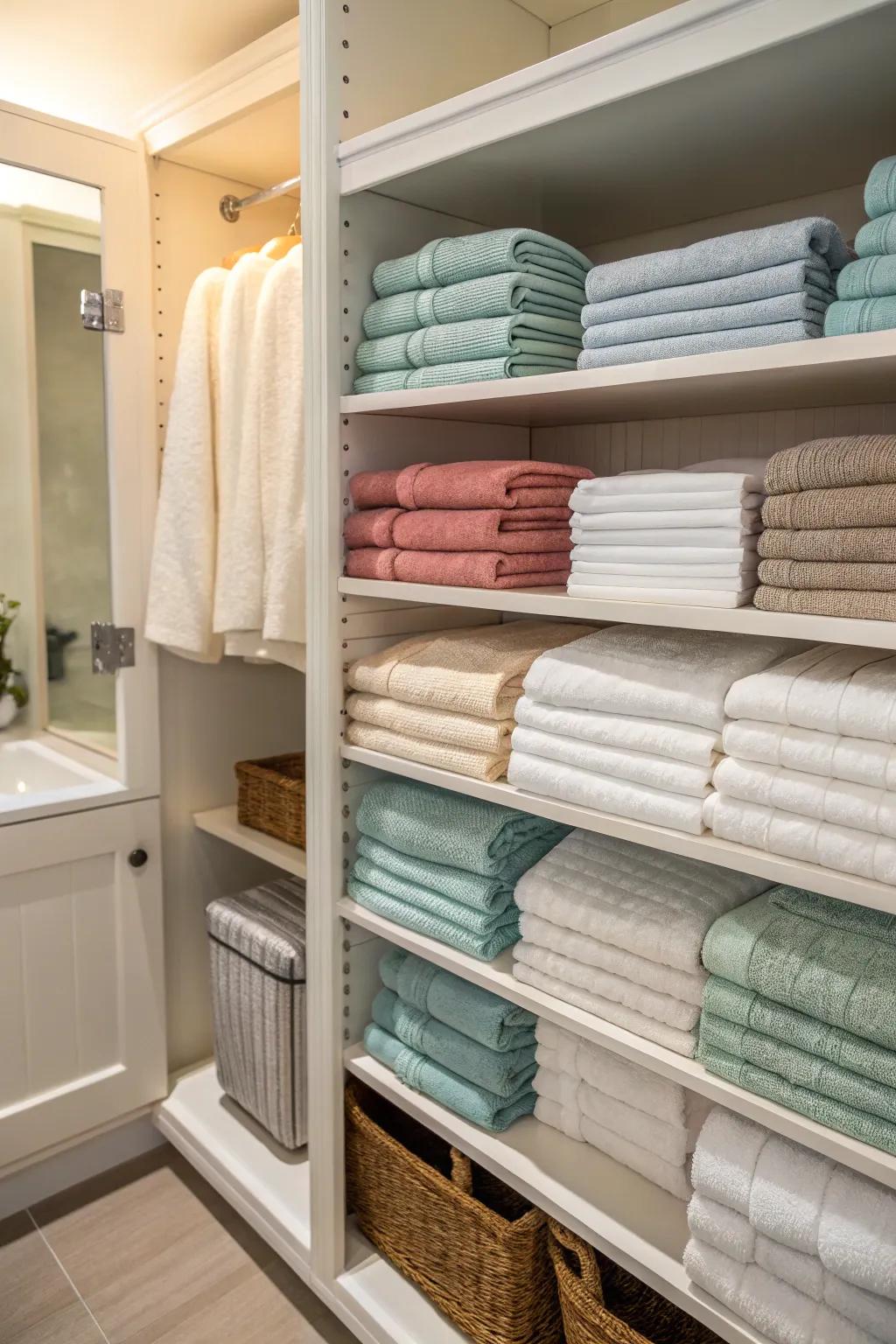 Linens sorted by color for easy organization.