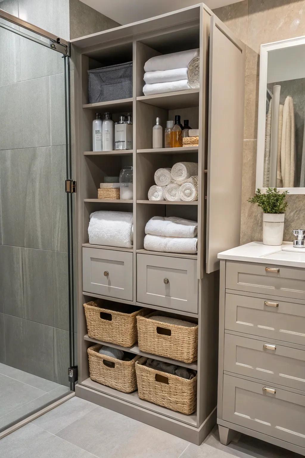 A flexible storage unit featuring drawers and shelves to maximize versatility.