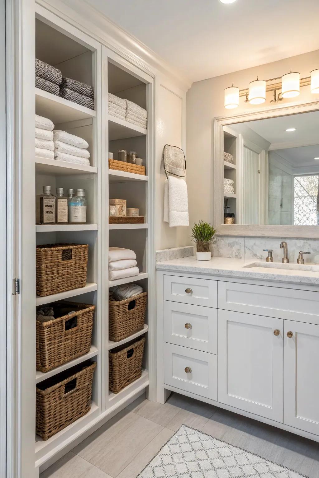 Tailored storing solutions enhance usefulness and keep your bathroom organized.
