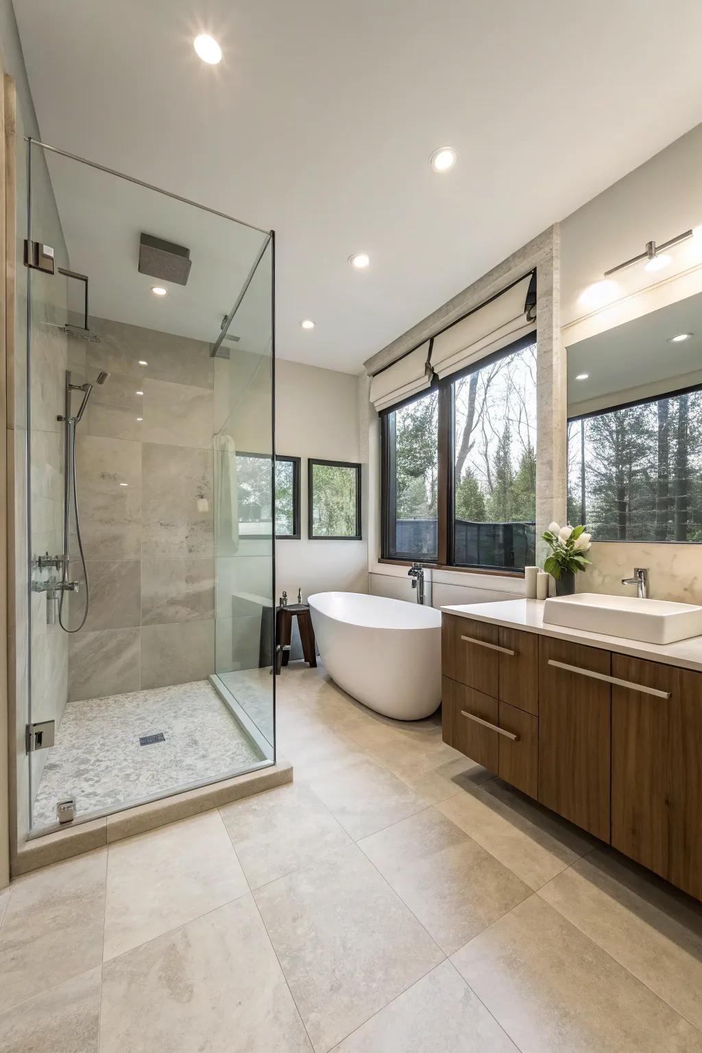 A bathroom layout that achieves seamless flow by using consistent flooring.