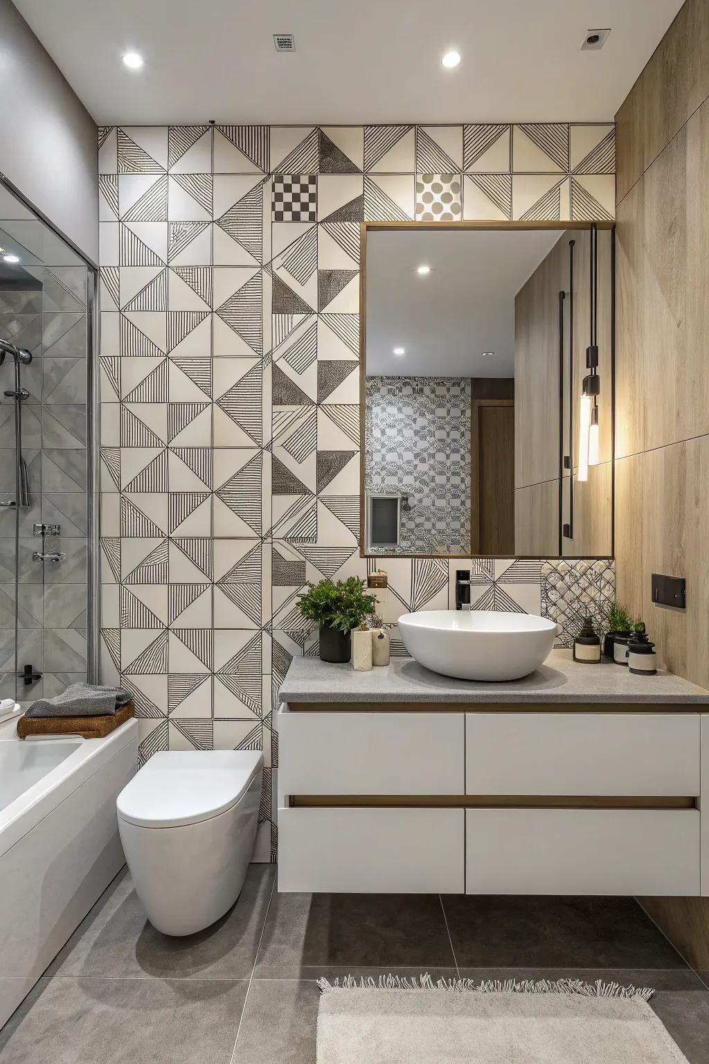 A dynamic bathroom featuring geometric pattern accents.