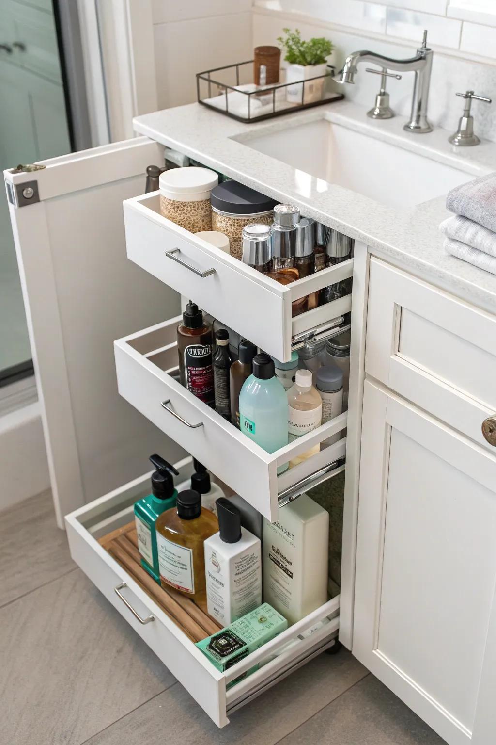 Vertical drawers keep tall items organized.