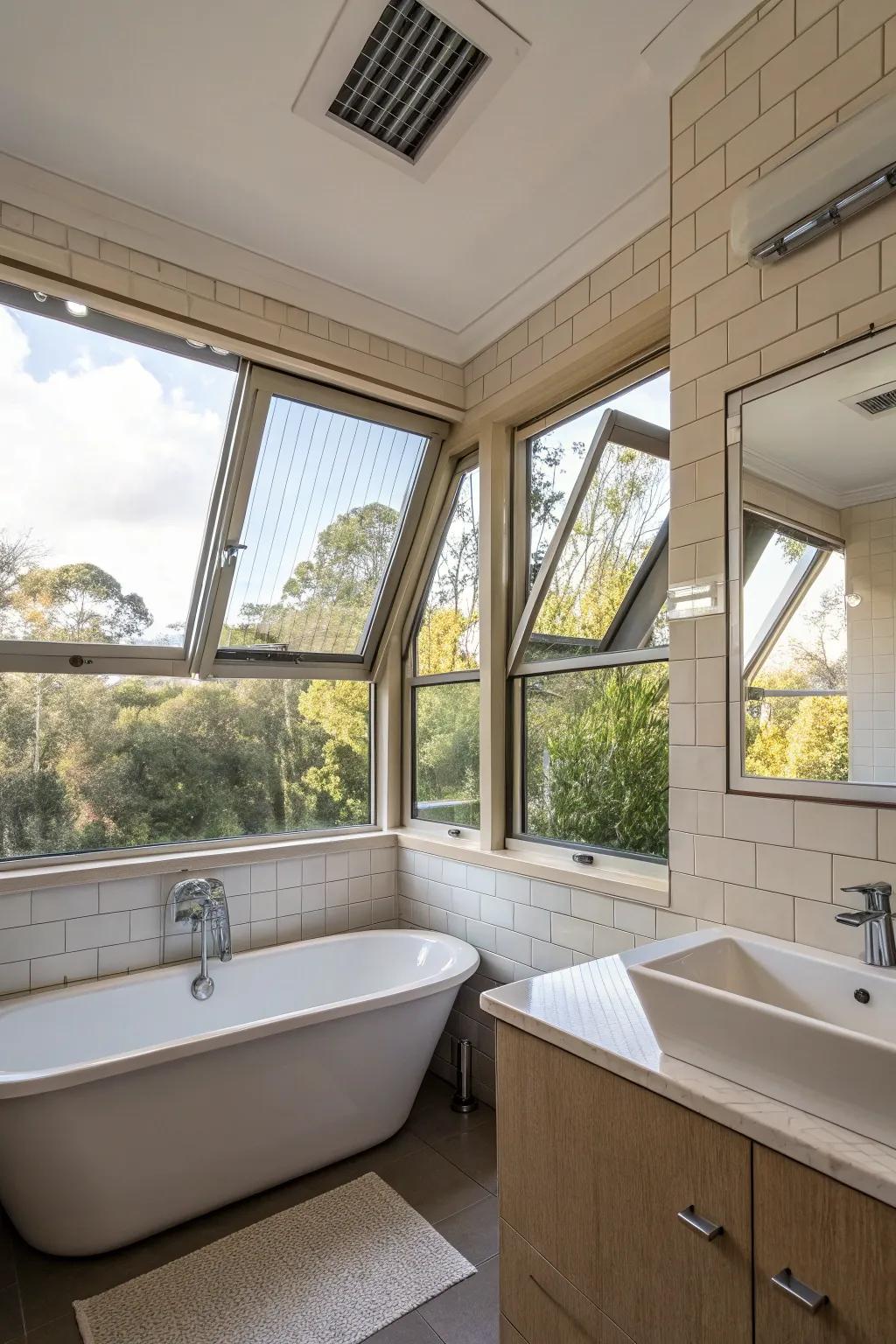 Awning windows let air in and add style to the bathroom.